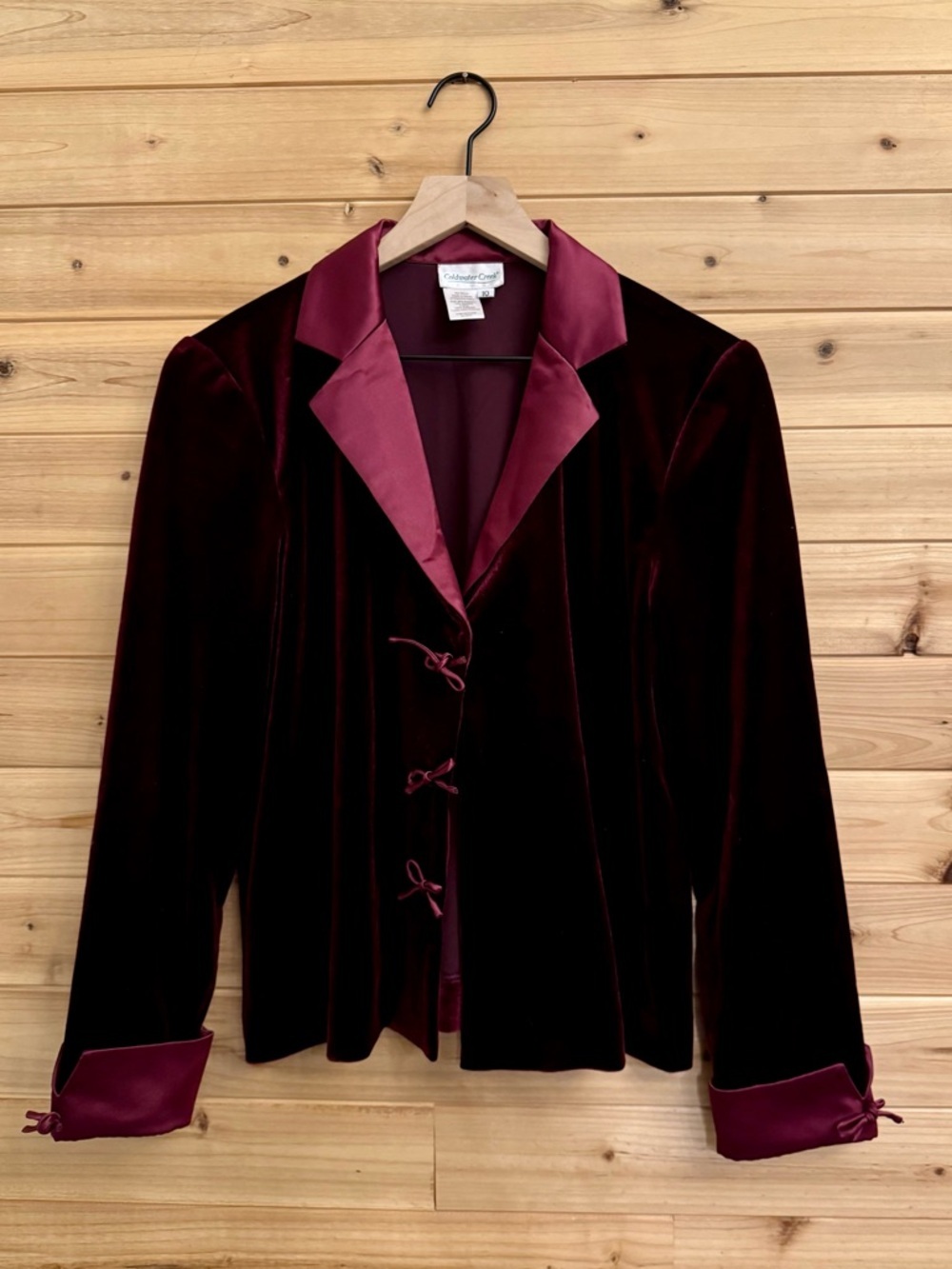 Coldwater Creek Medium Burgundy Red Velvet Satin Cuff & Collar Blazer Y2K Bow